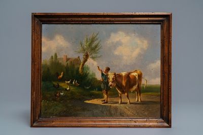 Albertus Verhoesen (1806-1881): Jeune homme et taureau, huile sur panneau, signé et daté 1860