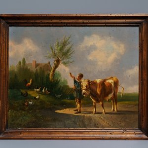 Albertus Verhoesen (1806-1881): Jeune homme et taureau, huile sur panneau, signé et daté 1860 — photo 1