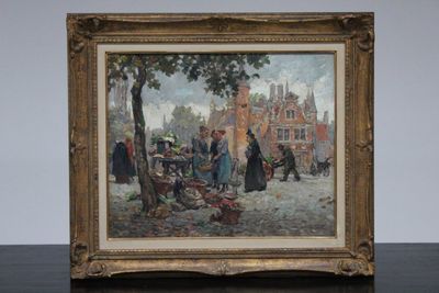 Alfred Van Neste (1874-1969), "Échoppe aux légumes au quaie des Rosaux", oil on panel