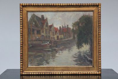 Alfred Van Neste (1874-1969), vue du Quai vert à Bruges, gouache sur carton