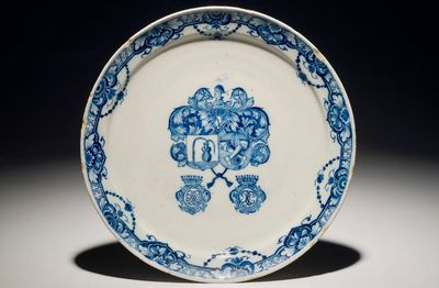 An armorial Dutch Delft blue and white alliance plate, 1st half 18th C.
