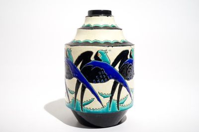 An art deco crackle glazed vase with swallows, Charles Catteau for Boch Kéramis, 1st half 20th C.