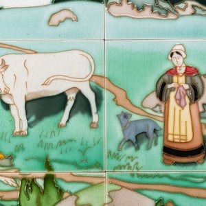 An Art Nouveau tile mural with a shepherdess and her cows in a meadow, Gilliot & Cie., Hemiksem — photo 2