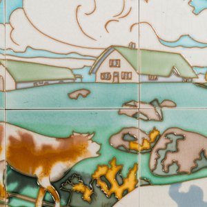 An Art Nouveau tile mural with a shepherdess and her cows in a meadow, Gilliot & Cie., Hemiksem — photo 4