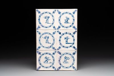 An attractive field of six blue and white Dutch Delft 'cherub' tiles, Haarlem, 17th C.