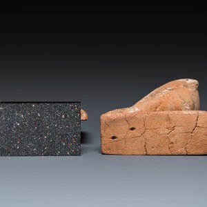 An Egyptian wooden Horus falcon and a fragment of a farao sculpture, Late Period — photo 7