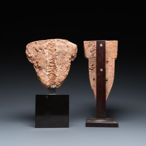 An Egyptian wooden sarcophagus mask and a sandstone head, Late period and Saite period — 照片 4