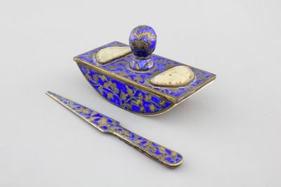 An enameled bronze and inset jade writing set, 19th C.