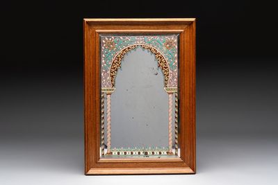 An enamelled glass Orientalist-style mirror in a wooden frame, in the style of A. J. & L. Lobmeyr, possibly France, 19th C.
