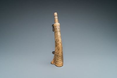 An engraved mythological subject stag antler horn powder flask, probably Germany, 19th C.