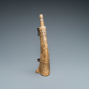 An engraved mythological subject stag antler horn powder flask, probably Germany, 19th C. — photo 1