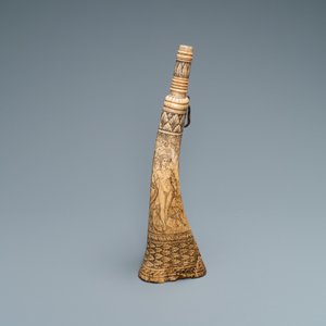 An engraved mythological subject stag antler horn powder flask, probably Germany, 19th C. — photo 7