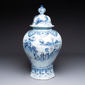 An exceptional blue, white and manganese Dutch Delft Transitional style chinoiserie vase and cover, 17th C. — photo 1