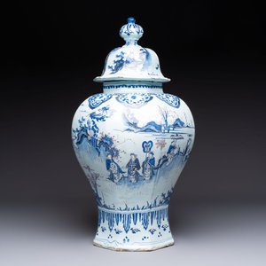 An exceptional blue, white and manganese Dutch Delft Transitional style chinoiserie vase and cover, 17th C. — photo 2