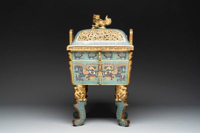 An exceptional Chinese cloisonné ‘Taotie’ censer and cover, 'fang ding 方鼎', Qianlong