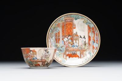 An exceptional Chinese famille rose semi-eggshell porcelain cup and saucer with fine figural design, Yongzheng