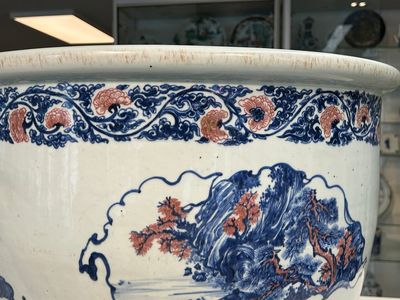 An exceptional massive Chinese blue, white and copper-red fish bowl with antiquities and 'Master of the rocks'-style panels, Kangxi — photo 28