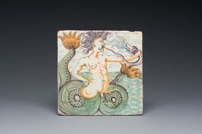 An exceptional polychrome Dutch Delft 'Triton' tile, Rotterdam, early 17th C.