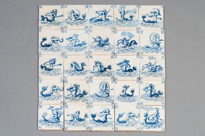 An exceptional set of 25 Dutch Delft blue and white tiles with fine sea monsters, Harlingen, Friesland, 17th C.