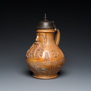 An exceptionally fine pewter-lidded stoneware bellarmine jug with portrait medallions, Cologne, Germany, 2nd quarter 16th C. — photo 2