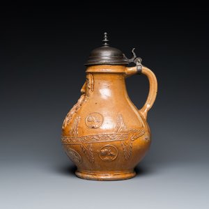 An exceptionally fine pewter-lidded stoneware bellarmine jug with portrait medallions, Cologne, Germany, 2nd quarter 16th C. — photo 3