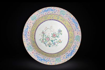 An exceptionally large Chinese Canton enamel basin with floral design, Yongzheng