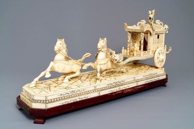 An exceptionally large Chinese carved ivory 'horse carriage' group, 19/20th C.