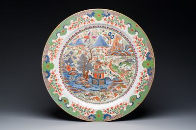 An exceptionally large Chinese English-decorated blue and white dish with 'mythical animals', Qianlong