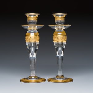 An extensive 53-piece French gilt-decorated 'Thistle Gold' crystal glass service with two decanter labels and a pair of candlesticks — photo 15