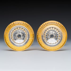 An extensive 53-piece French gilt-decorated 'Thistle Gold' crystal glass service with two decanter labels and a pair of candlesticks — photo 43
