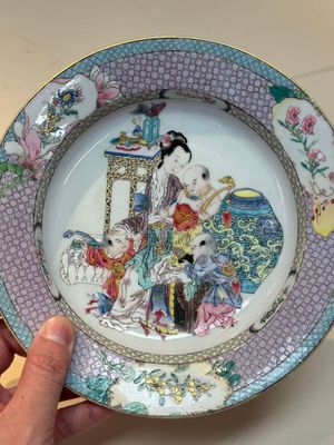 An extremely fine pair of Chinese famille rose ruby-back eggshell plates with a lady and playing boys, Yongzheng — photo 21