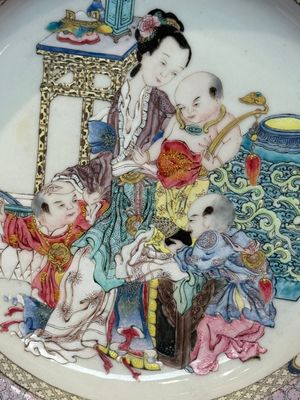 An extremely fine pair of Chinese famille rose ruby-back eggshell plates with a lady and playing boys, Yongzheng — photo 23