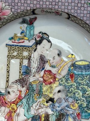 An extremely fine pair of Chinese famille rose ruby-back eggshell plates with a lady and playing boys, Yongzheng — photo 25