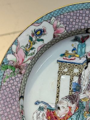 An extremely fine pair of Chinese famille rose ruby-back eggshell plates with a lady and playing boys, Yongzheng — photo 26