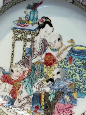 An extremely fine pair of Chinese famille rose ruby-back eggshell plates with a lady and playing boys, Yongzheng — photo 36