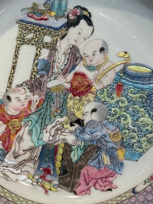 An extremely fine pair of Chinese famille rose ruby-back eggshell plates with a lady and playing boys, Yongzheng — photo 41