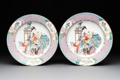 An extremely fine pair of Chinese famille rose ruby-back eggshell plates with a lady and playing boys, Yongzheng