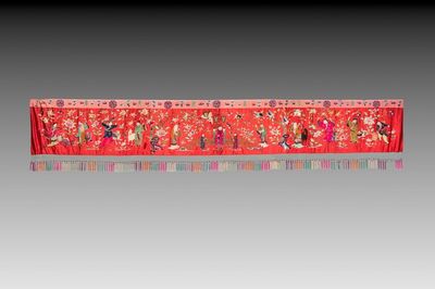 An extremely large Chinese red-ground embroidered silk 'Sanxing and Eight Immortals' panel, 19th C.