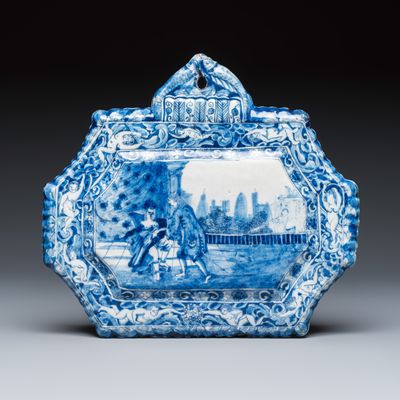 An extremely rare and documentary Dutch Delft blue and white 'Erotic subject' plaque, dated 1726
