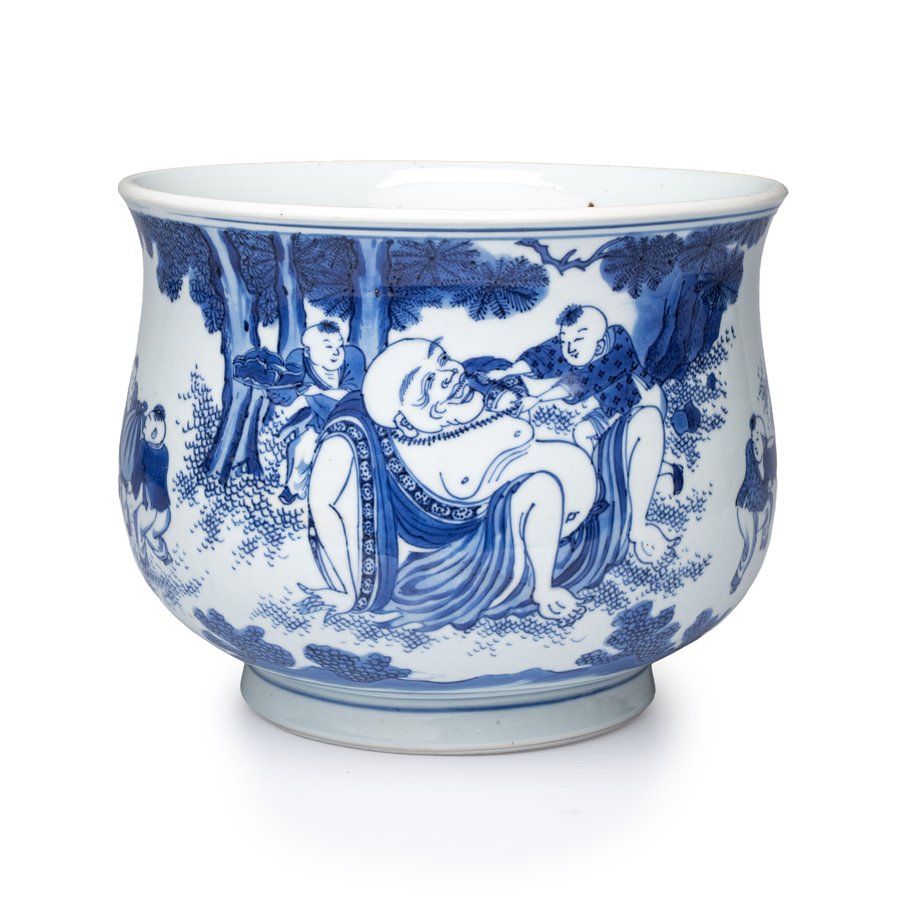 An extremely rare and fine Chinese blue and white 'Liu Zi Xi Mi Le 六子戲彌勒' censer, Chongzhen
