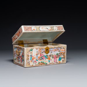 An extremely rare Chinese Canton famille rose 'mandarin subject' tea casket or chest with gilt bronze handles, Qianlong — photo 2