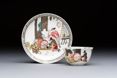 An extremely rare Chinese famille rose 'L'Apoticaire Charitable' cup and saucer, Yongzheng/Qianlong