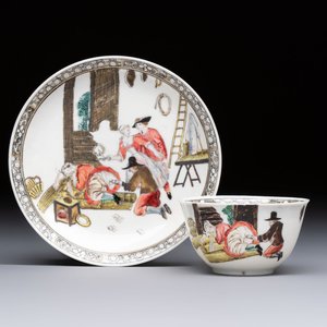 An extremely rare Chinese famille rose 'L'Apoticaire Charitable' cup and saucer, Yongzheng/Qianlong — 照片 1