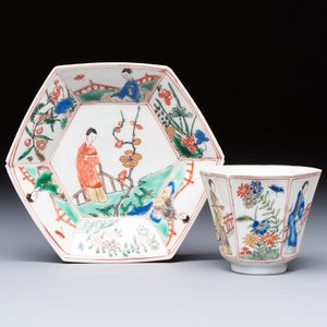 An extremely rare Chinese famille verte 'G' marked octagonal cup and saucer, Kangxi — photo 1