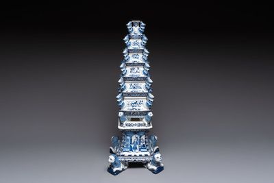 An impressive blue and white Dutch Delft seven-part tulip vase, 19th C.