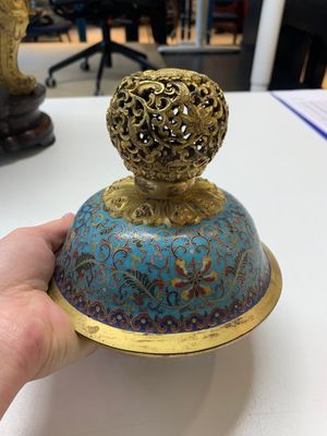 An impressive Chinese cloisonné 'dragon' censer and cover on wooden stand, Qianlong mark and of the period — photo 6