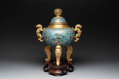 An impressive Chinese cloisonné 'dragon' censer and cover on wooden stand, Qianlong mark and of the period