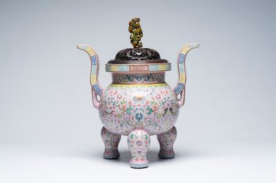 An impressive Chinese famille rose 'Bajixiang and Lotus Scroll' tripod censer with a wooden cover, Jiaqing mark and of the period