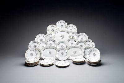 An impressive Chinese gilt-decorated grisaille 42-piece armorial dinner service with the arms of Lumsden for the English market, Qianlong, ca. 1785