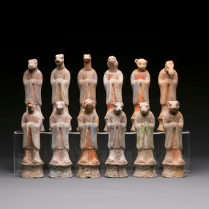 An impressive set of 12 Chinese cold painted terracotta zodiac figures, Ming — photo 1